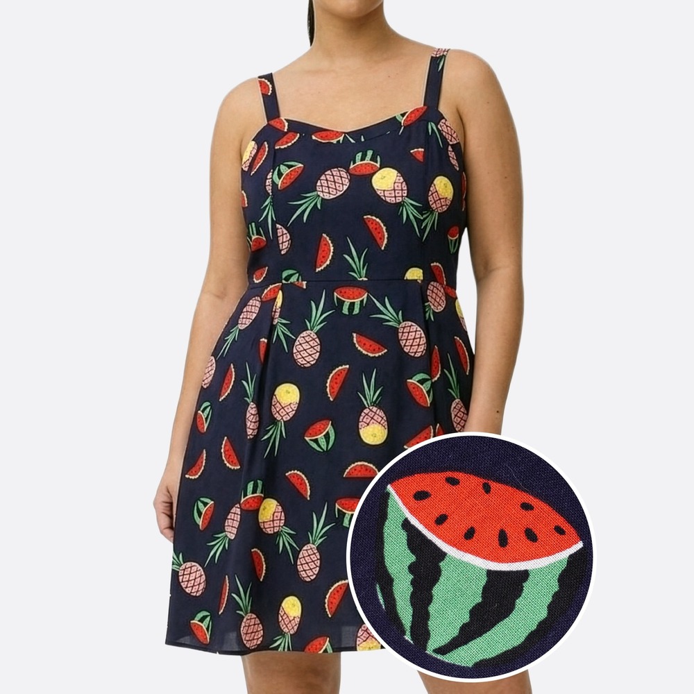 Fruit Print Cotton Linen Mini Dress M/L 0X 10 12 Navy Blue Camisole Straps